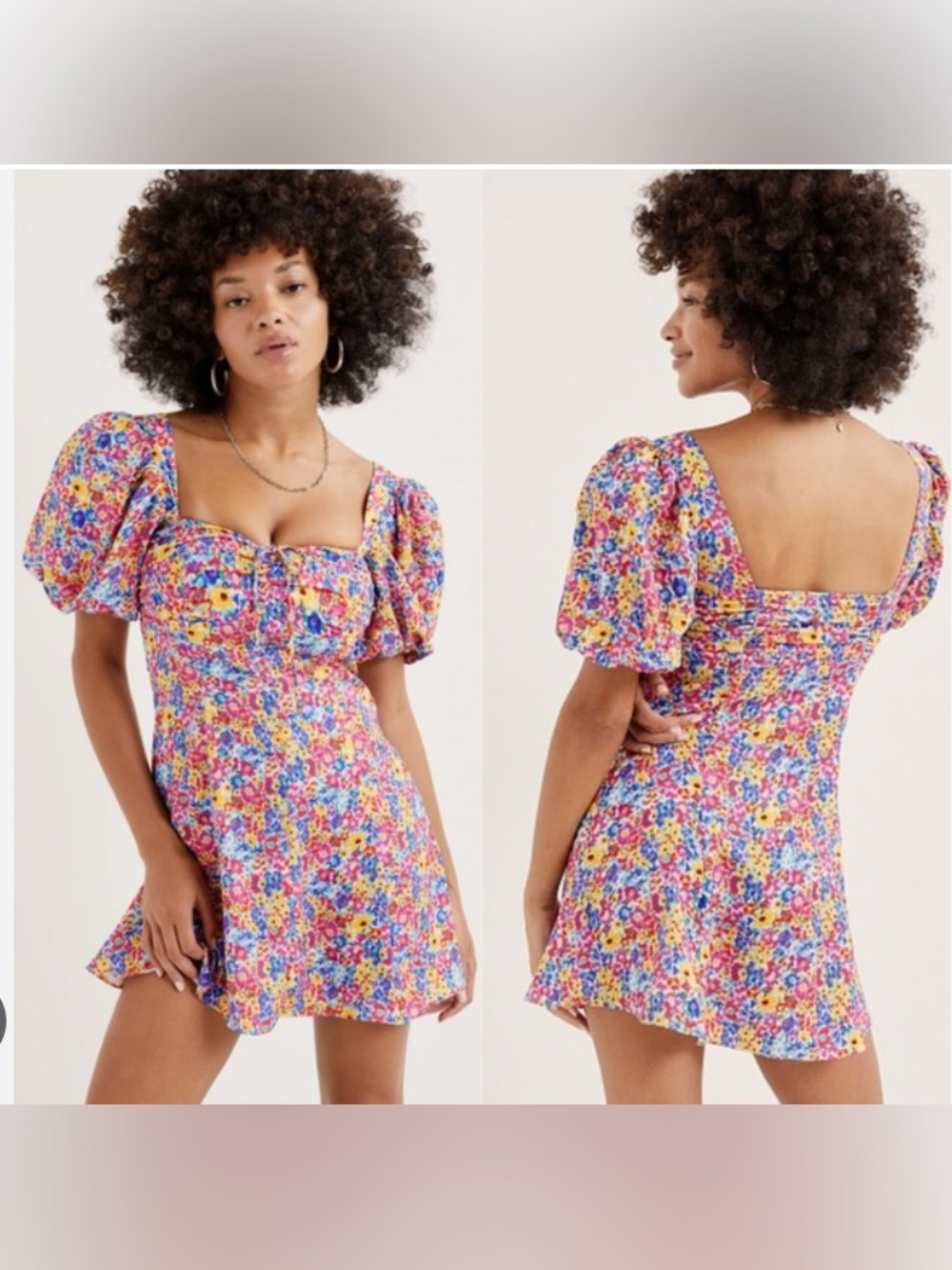 For Love & Lemons Floral Puff-Sleeve Mini Dress in Pink, Yellow & Blue